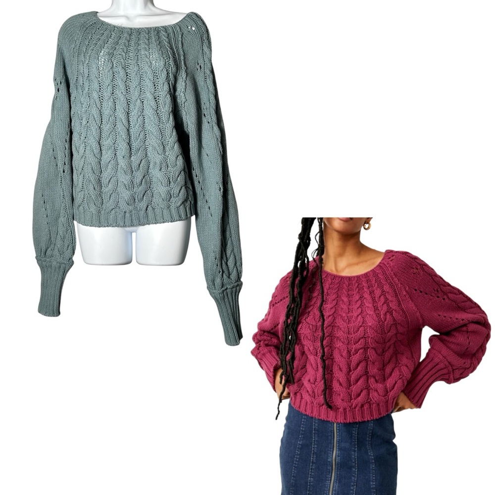 Free‎ People Sandre Sweater Womens Large Green Oversized Cable Knit Boho Cozy
